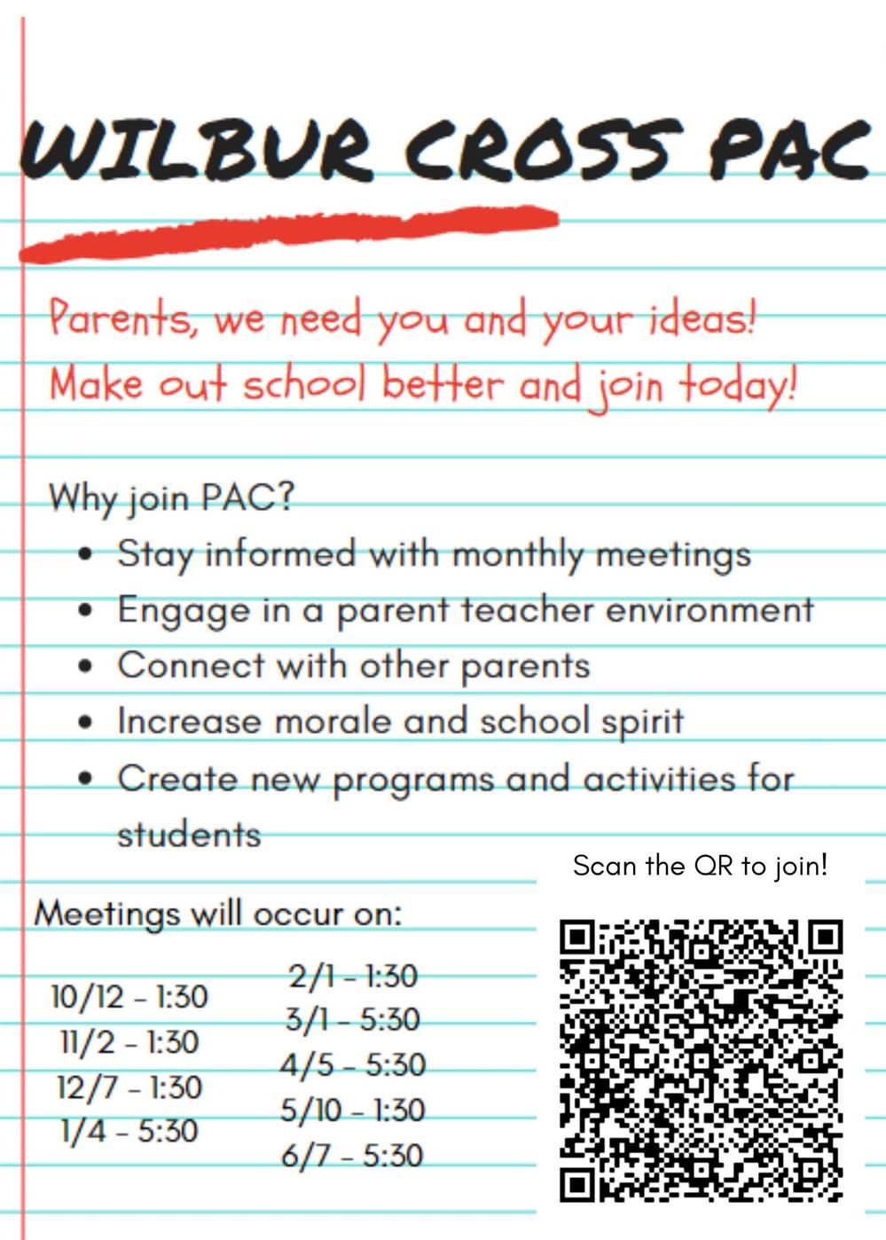 Parent PAC meeting QR code to sign up for PAC meetings. 